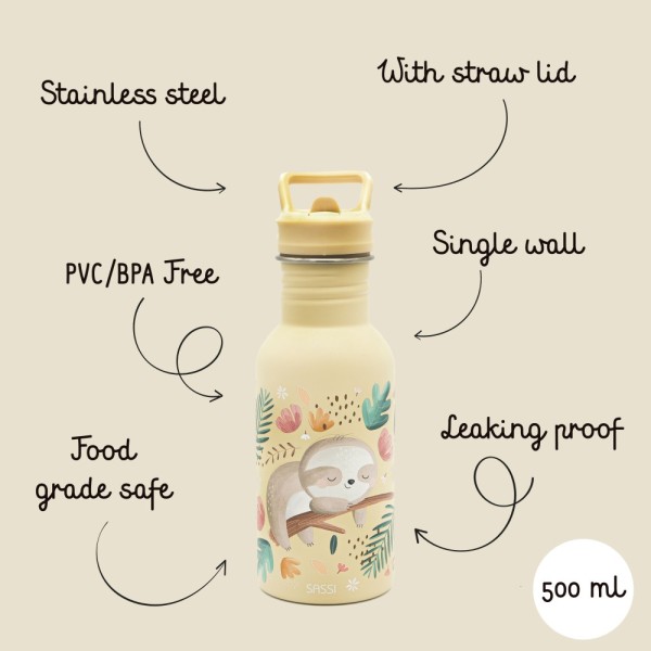 SLOTH ανοξείδωτο μπουκάλι με καλαμάκι 500ml