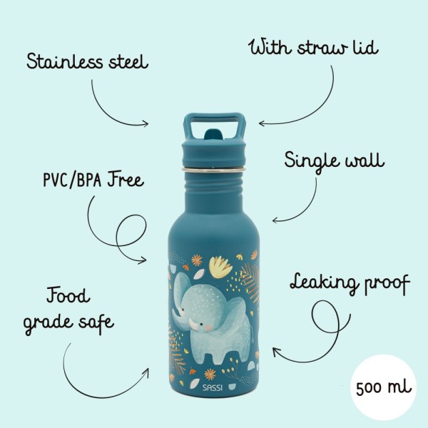 Sassi ανοξείδωτο μπουκάλι με καλαμάκι 500ml   chewy the  elephant