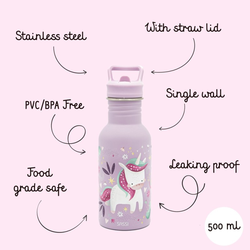 Sassi ανοξείδωτο μπουκάλι με καλαμάκι 500ml   Sparky the unicorn