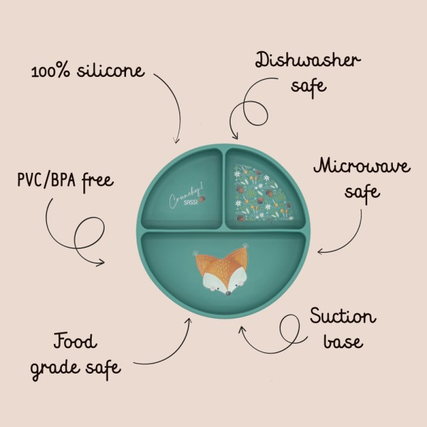Sassi πιάτο σιλικόνης LFGB με χωρίσματα Baby led weaning  Crunchy the fox