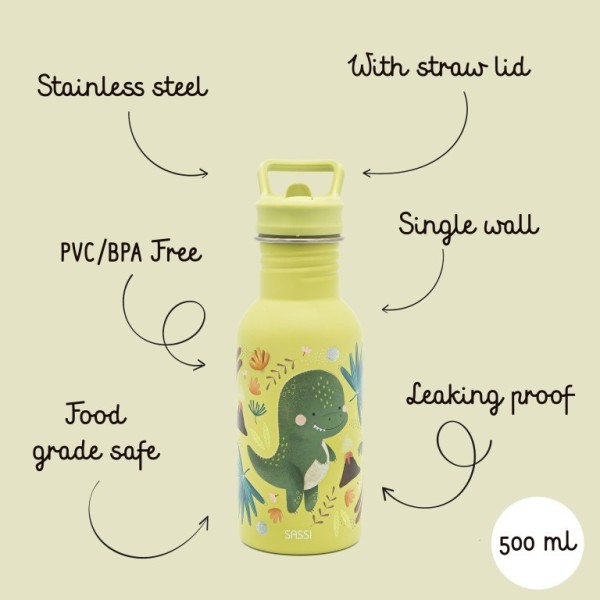 DINOSAUR ανοξείδωτο μπουκάλι με καλαμάκι 500ml - SASSI