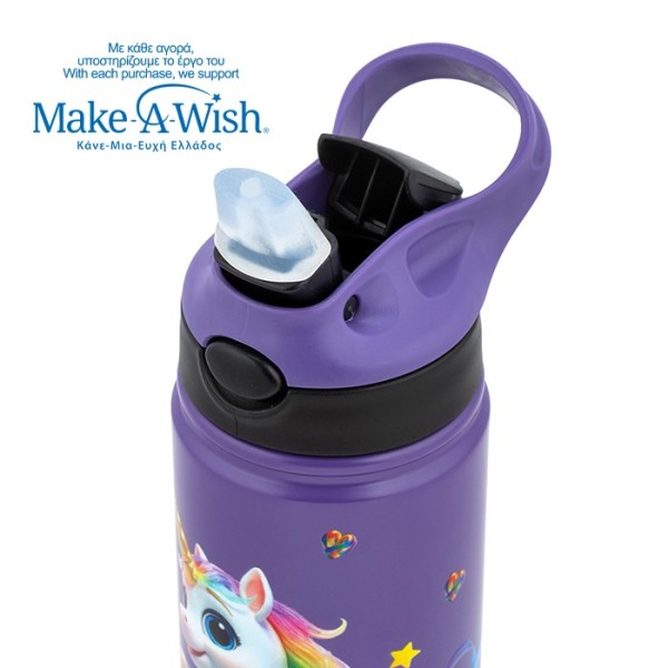 Θερμός μπουκάλι ανοξείδωτο με καλαμάκι "We Care", Purple Unicorn 500ml