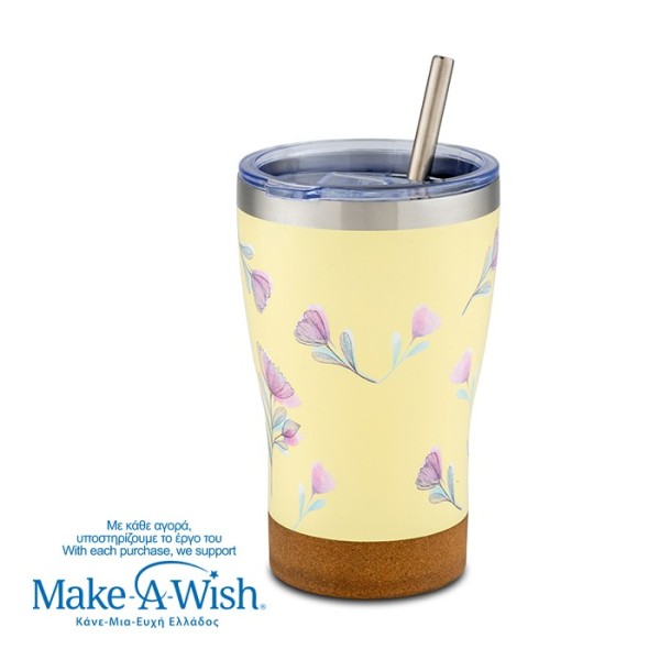 Θερμός ποτήρι με ανοξείδωτο καλαμάκι "We Care", Cream Floral 400ml