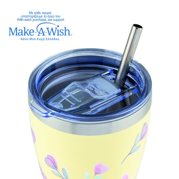 Θερμός ποτήρι με ανοξείδωτο καλαμάκι "We Care", Cream Floral 400ml