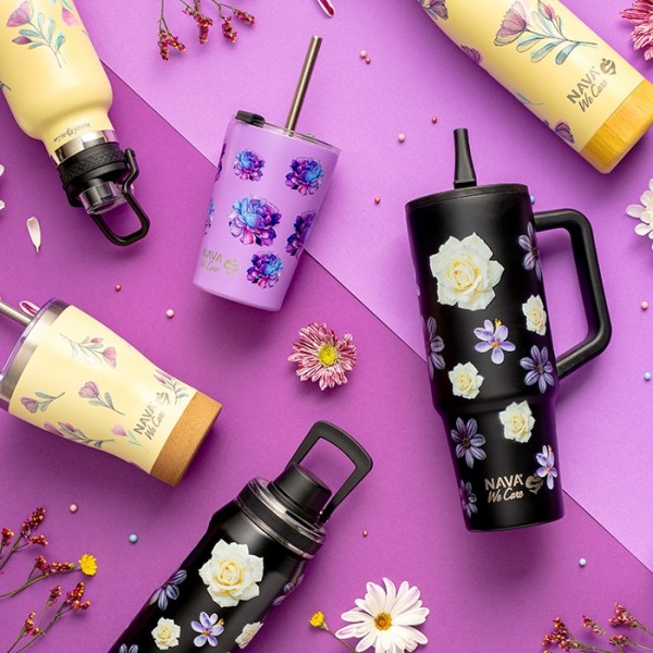 Θερμός ποτήρι με ανοξείδωτο καλαμάκι "We Care", Cream Floral 400ml