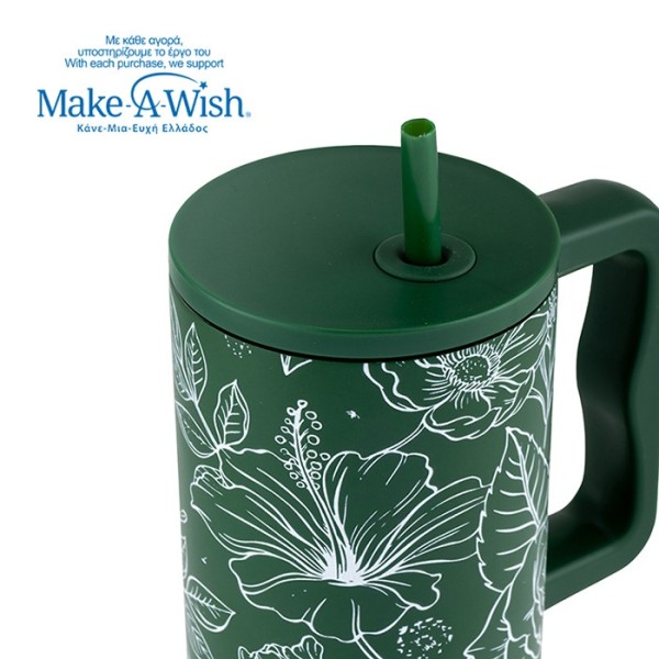 Θερμός tumbler ανοξείδωτο με πλαστικό καλαμάκι "We Care", Sketch Floral 900ml