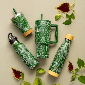 Θερμός tumbler ανοξείδωτο με πλαστικό καλαμάκι "We Care", Sketch Floral 900ml