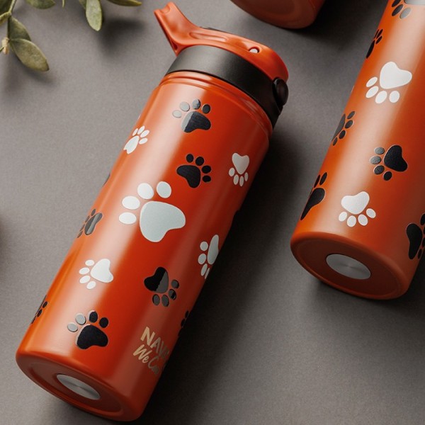 Θερμός μπουκάλι ανοξείδωτο με καλαμάκι "We Care", Paw Prints 500ml