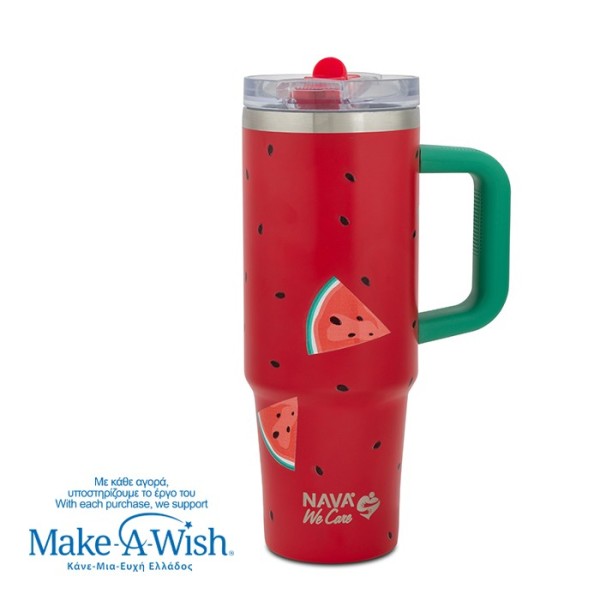 Θερμός tumbler ανοξείδωτο με καλαμάκι "We Care", Watermelon 900ml