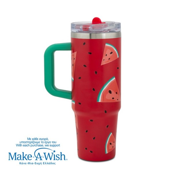 Θερμός tumbler ανοξείδωτο με καλαμάκι "We Care", Watermelon 900ml
