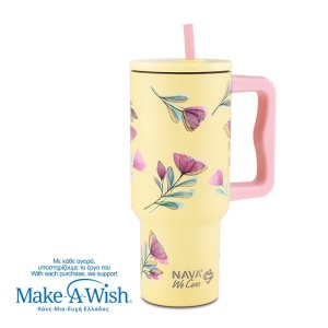 Θερμός tumbler ανοξείδωτο με πλαστικό καλαμάκι "We Care", Cream Floral 900ml - NAVA