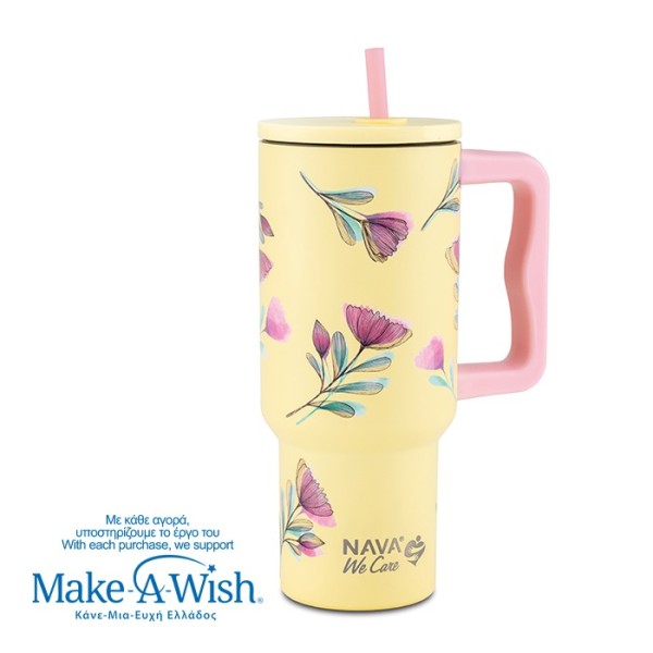 Θερμός tumbler ανοξείδωτο με πλαστικό καλαμάκι "We Care", Cream Floral 900ml - NAVA