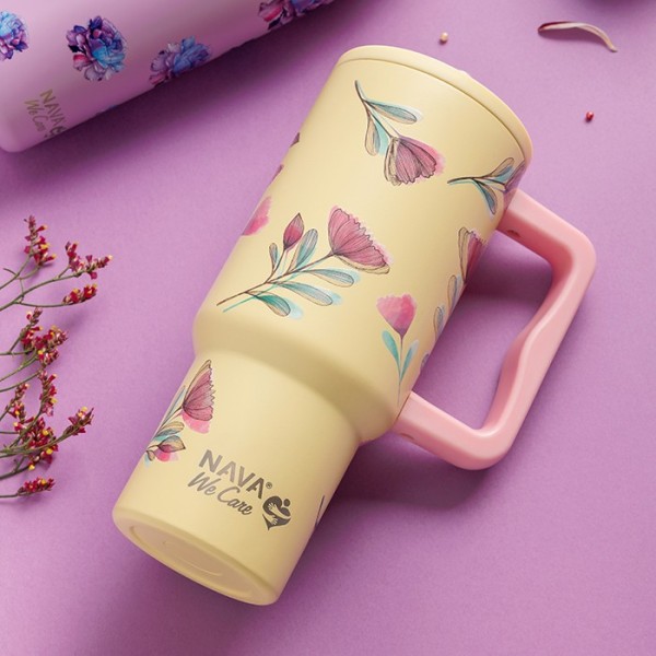 Θερμός tumbler ανοξείδωτο με πλαστικό καλαμάκι "We Care", Cream Floral 900ml - NAVA