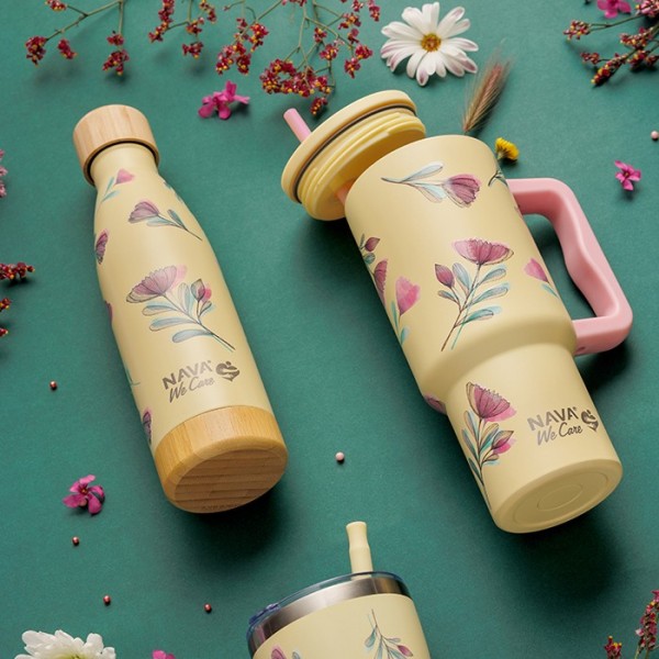 Θερμός tumbler ανοξείδωτο με πλαστικό καλαμάκι "We Care", Cream Floral 900ml - NAVA