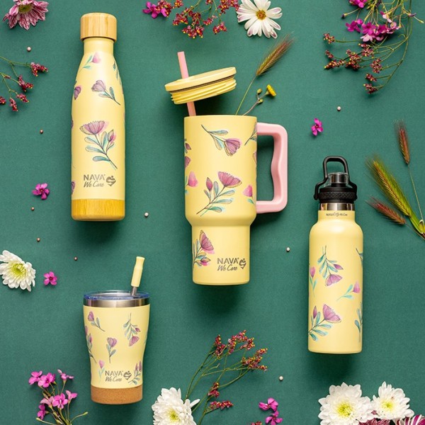 Θερμός tumbler ανοξείδωτο με πλαστικό καλαμάκι "We Care", Cream Floral 900ml - NAVA