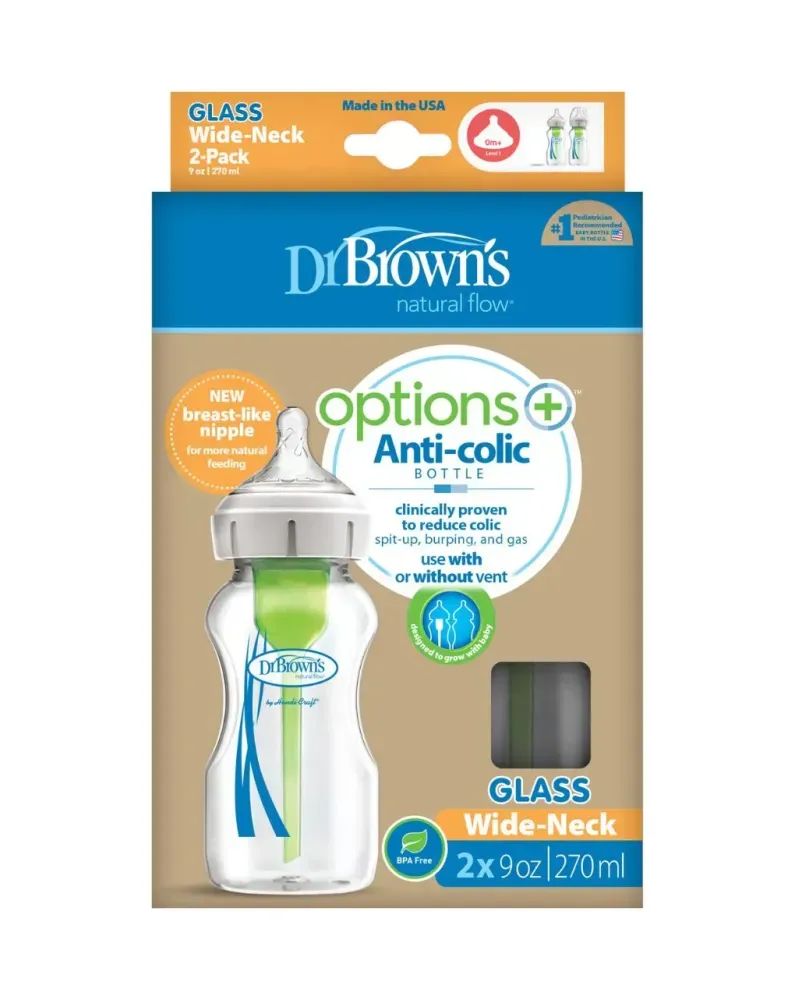 Dr. Brown’s Options+ Σετ Γυάλινων Μπιμπερών 2 τμχ Με Φαρδύ Λαιμό 270ml