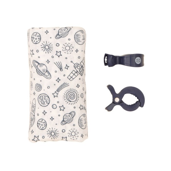 MUSLIN & 2 PRAM PEG BOX SET OUTER SPACE ON WHITE ΜΟΥΣΕΛ