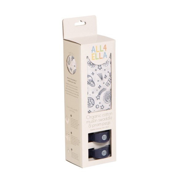 MUSLIN & 2 PRAM PEG BOX SET OUTER SPACE ON WHITE ΜΟΥΣΕΛ