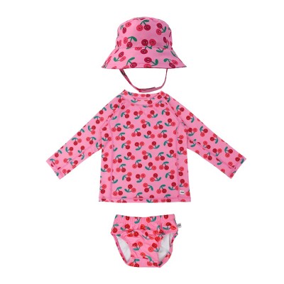 Rash Guard Top Swim Diaper & Sun Hat - Cherry (12-24M)