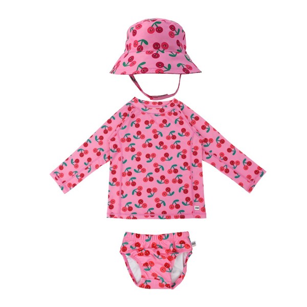 Rash Guard Top Swim Diaper & Sun Hat - Cherry (12-24M)