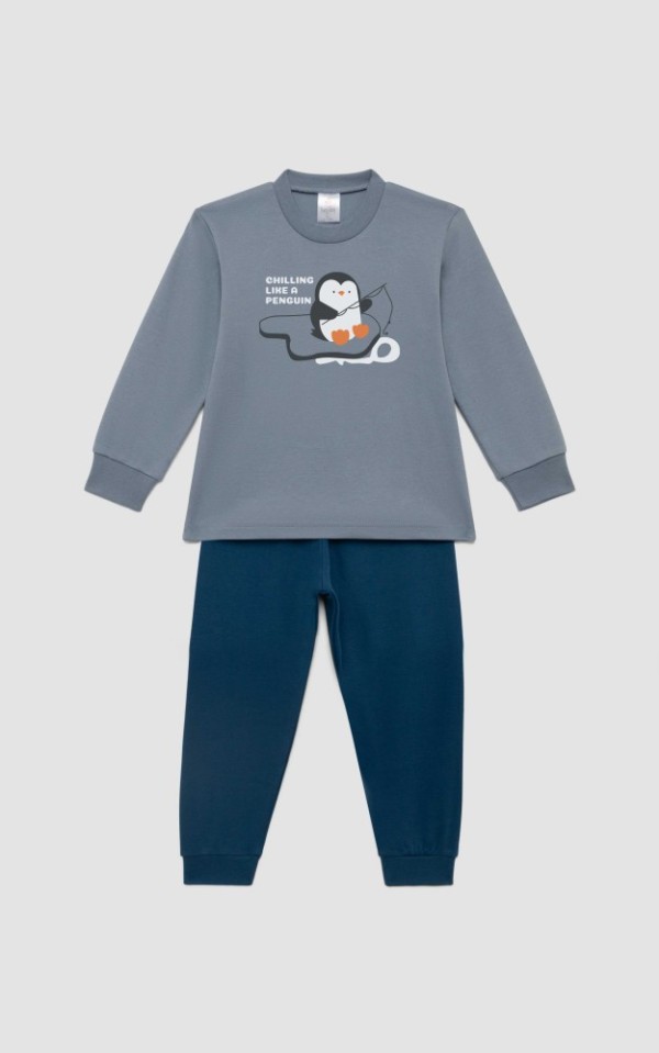 Πιζάμα βρεφική με τύπωμα Penguin, Bαμβακερή 100%  γκρι