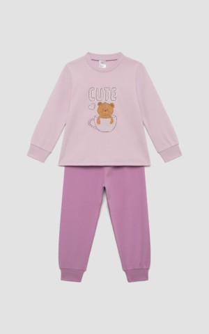 Πυτζάμα χειμερινή με τύπωμα Cute, Βαμβακερή 100% λιλά ανοιχτό