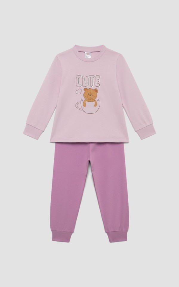 Πυτζάμα χειμερινή με τύπωμα Cute, Βαμβακερή 100% λιλά ανοιχτό